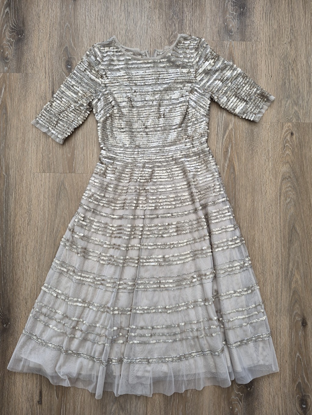 Johnny Was Sequin Mesh Midi Dress Champagne Beige Fit And Flare Cocktail